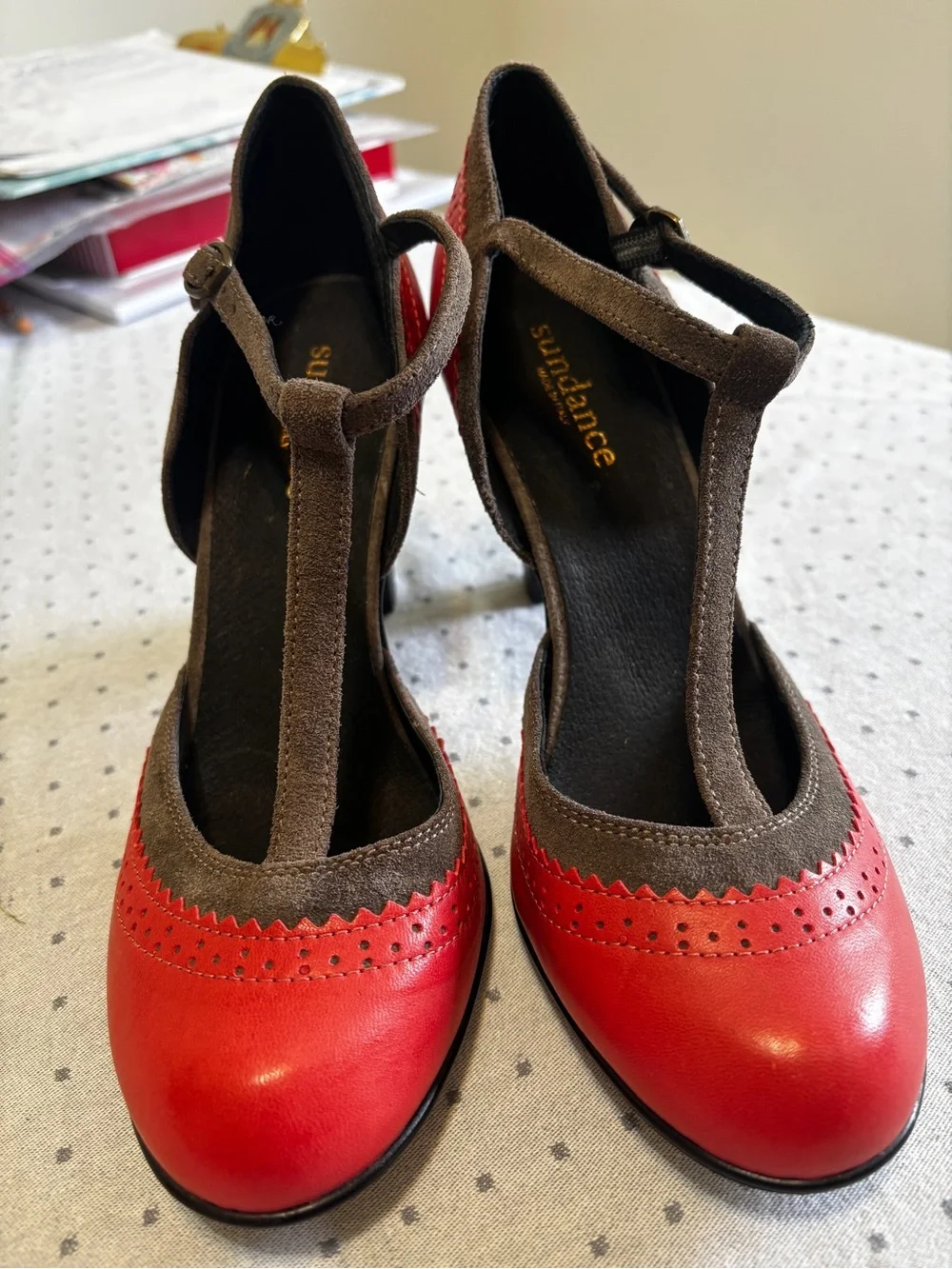 NWOT! Sundance Two-Tone T-Strap Heels in Coral Red and Brown NEW Mary Jane’s